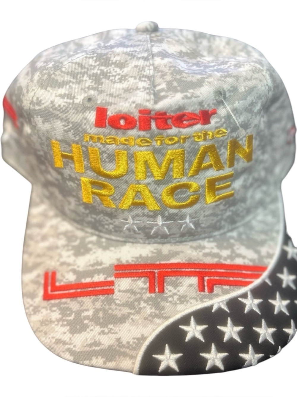 Loiter HUMAN RACE Embroidered Camo Baseball Hat - Yellow & Red Accents